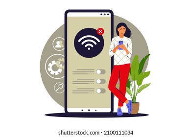 No Connection Concept. No Internet, Search Wireless Network Signal On Mobile Phone. Vector Illustration. Flat.