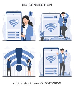 No Connection concept with weak signal, internet error, and network failure offline mode illustration 