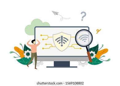 No connection, no internet, search wireless network signal on computer concept vector flat illustration template, suitable for background, landing page, advertising illustration