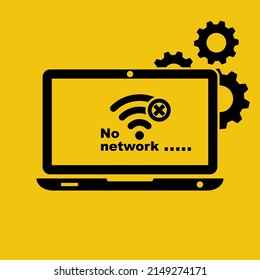 No Connection Laptop. Wi-fi Sign With Off Signal. No Internet Symbol. Vector Illustration Flat Design. Isolated On Yellow Background. Wi-fi Pictogram. 