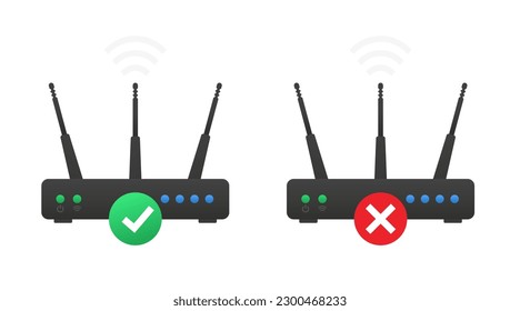 No connection server or internet. Check and cross marks isolated on white background. Yes or no. Approved. No signal internet. Bad antenna. The Wi-Fi router is not working. Vector illustration