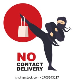 
No contact delivery. Japanese ninja in a waterproof medical mask delivers goods.