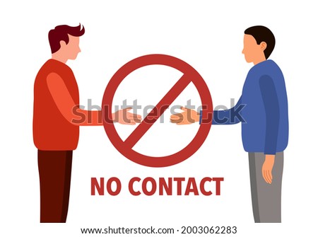 No contact. No handshake with red prohibited sign in flat design on white background. Avoid touching concept.