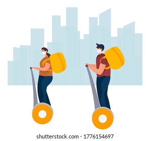 No Contact Home Delivery During Coronavirus.Express Delivery Food and Drug During Quarantine.Online Shopping.Characters in Mask Delivery Food on Electric Scooter.Social Distance.Vector Illustration