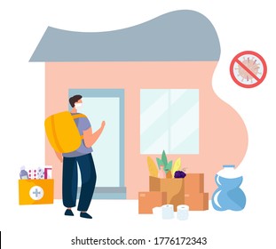 No Contact Home Delivery During Coronavirus.Express Delivery Food and Drug During Quarantine.Online Shopping.Character in Mask Leaves Food and Water Near Door.Social Distance.Flat Vector Illustration