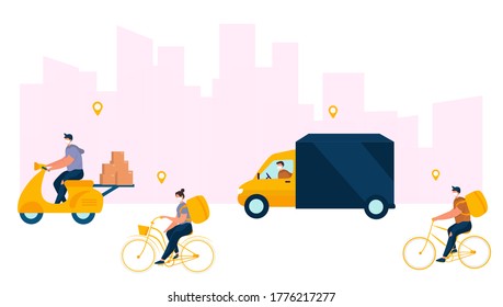 No Contact Home Delivery During Coronavirus. Express Delivery Food During Quarantine on Moped or Electric Scooter,Truck,Bicycle and on Foot.Online Shopping.Social Distance.Flat Vector Illustration