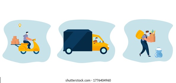 No Contact Home Delivery During Coronavirus.Express Delivery Food and Drug During Quarantine.Online Shopping.Character in Mask in Truck,Scooter,Moped and Foot.Social Distance.Flat Vector Illustration