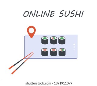 No Contact Home Delivery During Coronavirus.Express Delivery Japanese Food And Asian Meals  During Quarantine On Smartphone.Online Shopping In Medical Mask.Social Distance.Flat Vector Illustration