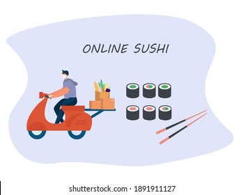 No Contact Home Delivery During Coronavirus.Express Delivery Japanese Food And Asian Meals  During Quarantine On Smartphone.Online Shopping In Medical Mask.Social Distance.Flat Vector Illustration