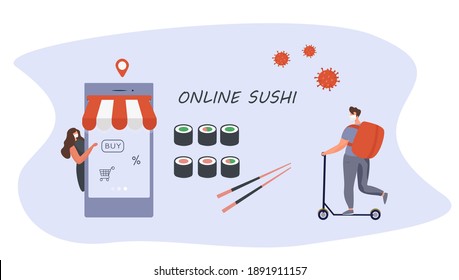 No Contact Home Delivery During Coronavirus.Express Delivery Japanese Food And Asian Meals  During Quarantine On Smartphone.Online Shopping In Medical Mask.Social Distance.Flat Vector Illustration