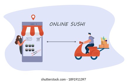 No Contact Home Delivery During Coronavirus.Express Delivery Japanese Food And Asian Meals  During Quarantine On Smartphone.Online Shopping In Medical Mask.Social Distance.Flat Vector Illustration