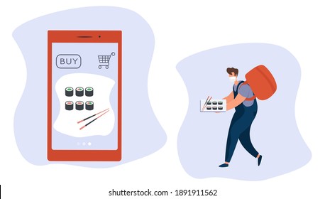 No Contact Home Delivery During Coronavirus.Express Delivery Japanese Food And Asian Meals  During Quarantine On Smartphone.Online Shopping In Medical Mask.Social Distance.Flat Vector Illustration