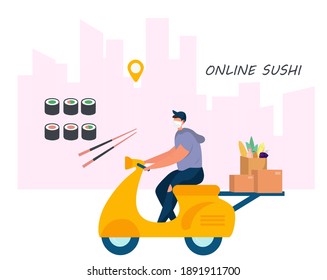 No Contact Home Delivery During Coronavirus.Express Delivery Japanese Food And Asian Meals  During Quarantine On Smartphone.Online Shopping In Medical Mask.Social Distance.Flat Vector Illustration