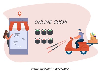 No Contact Home Delivery During Coronavirus.Express Delivery Japanese Food and Asian Meals  During Quarantine on Smartphone.Online Shopping in Medical Mask.Social Distance.Flat Vector Illustration