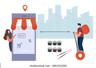 No Contact Home Delivery During Coronavirus.Express Delivery Japanese Food And Asian Meals  During Quarantine On Smartphone.Online Shopping In Medical Mask.Social Distance.Flat Vector Illustration