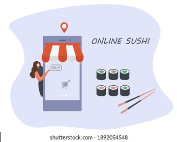 No Contact Home Delivery During Coronavirus.Express Delivery Japanese Food And Asian Meals  During Quarantine On Smartphone.Online Shopping In Medical Mask.Social Distance.Flat Vector Illustration