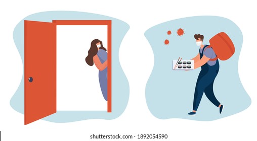 No Contact Home Delivery During Coronavirus.Express Delivery Japanese Food And Asian Meals  During Quarantine On Smartphone.Online Shopping In Medical Mask.Social Distance.Flat Vector Illustration