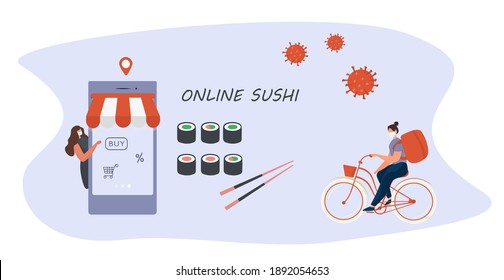 No Contact Home Delivery During Coronavirus.Express Delivery Japanese Food And Asian Meals  During Quarantine On Smartphone.Online Shopping In Medical Mask.Social Distance.Flat Vector Illustration