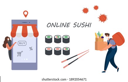 No Contact Home Delivery During Coronavirus.Express Delivery Japanese Food And Asian Meals  During Quarantine On Smartphone.Online Shopping In Medical Mask.Social Distance.Flat Vector Illustration