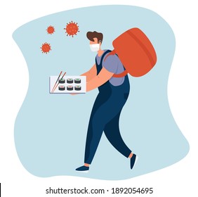 No Contact Home Delivery During Coronavirus.Express Delivery Japanese Food And Asian Meals  During Quarantine On Smartphone.Online Shopping In Medical Mask.Social Distance.Flat Vector Illustration