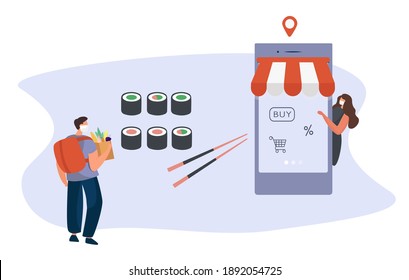 No Contact Home Delivery During Coronavirus.Express Delivery Japanese Food And Asian Meals  During Quarantine On Smartphone.Online Shopping In Medical Mask.Social Distance.Flat Vector Illustration