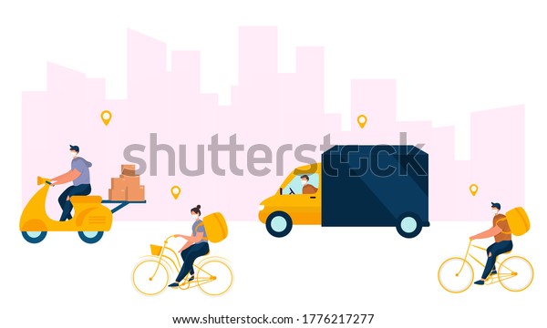No Contact Home Delivery During Coronavirus.\
Express Delivery Food During Quarantine on Moped or Electric\
Scooter,Truck,Bicycle and on Foot.Online Shopping.Social\
Distance.Flat Vector\
Illustration