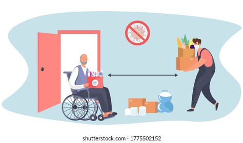 No Contact Home Delivery.Delivery Food and Drug During Quarantine.Online Shopping.Delivery Manager in Mask Leaves Food and Water Near Door for Disabled Person.Social Distance.Flat Vector Illustration