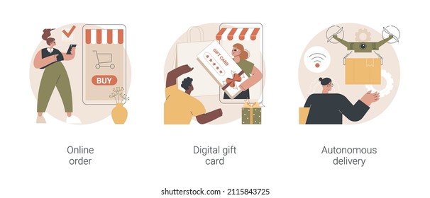No contact order and delivery abstract concept vector illustration set. Online order, digital gift card, autonomous delivery, buying goods on internet, certificate online, drone use abstract metaphor.