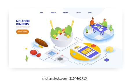 No cook dinner, landing page design, website banner vector template. Fast and easy meals recipes.