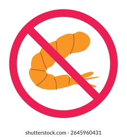 Sem sinal de camarões cozidos, ícone de camarão proibido, símbolo de proibição de camarões cozidos, sinal de aviso de alergia de camarão, não comer o sinal de camarões, ícone de restrição de frutos do mar
