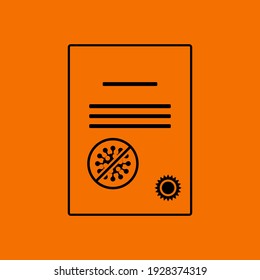 No Coronavirus Certificate Icon. Black on Orange Background. Vector Illustration.