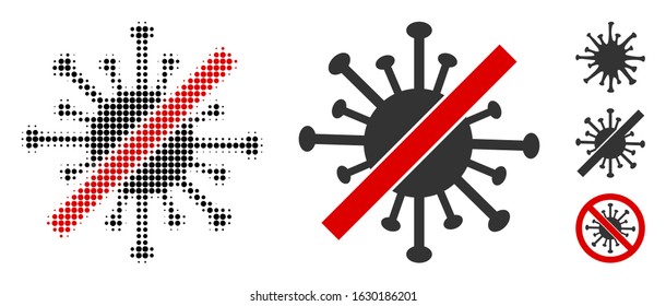 No coronavirus halftone vector icon and solid version. Illustration style is dotted iconic No coronavirus icon symbol on a white background. Halftone pattern is round spots. Some bonus pictograms.