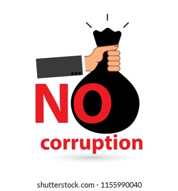 No corruption poster with a hand holding and giving a money sack with dollar sign on it. Vector illustration.
