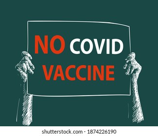 No Covid Vaccine Protest Banner Hands Holding, Protesting Against Coronavirus Vaccination, Refusal Preventive Coronavirus Immunization. Vector Illustration Hand Drawn White