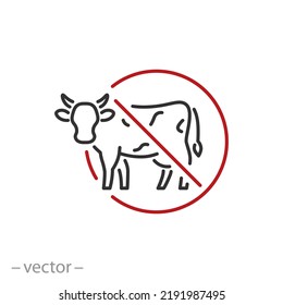 no cow meat icon, eat beef forbidden, ban food animal, thin line symbol on white background - editable stroke vector illustration