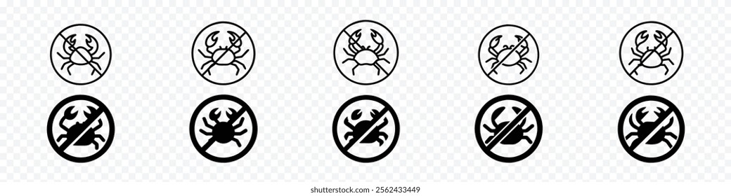 No Crabs Sign, Forbidden crab crayfish vector icon. Warning, caution, attention, restriction, label, ban, danger, forbidden crab icon set