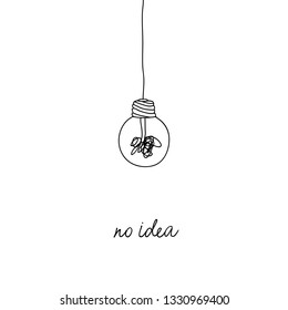 no creativity complicated idea concept illustration. simple line hanging light bulb with tangled filament thread vector design.