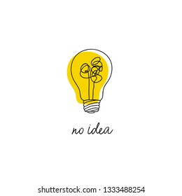 no creativity complicated idea concept illustration. simple line light bulb with yellow background and tangled filament thread vector design.