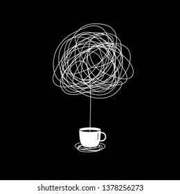 no creativity complicated inspiration after drinking coffee illustration. a cup with messy line come out symbol. tangled scribble doodle vector path design.