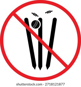 no Cricket Ball Stumpf Bails Symbol. Cricket-Schläger und Ball Verbotszeichen. Kein Sport spielt Grafikdesign. Spielbeschränkung und Sicherheitszeichen