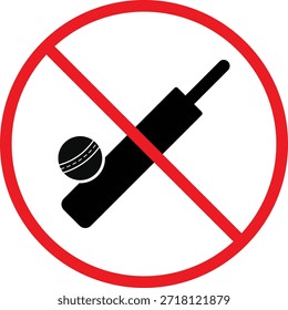 no Cricket Ball Stumpf Bails Symbol. Cricket-Schläger und Ball Verbotszeichen. Kein Sport spielt Grafikdesign. Spielbeschränkung und Sicherheitszeichen