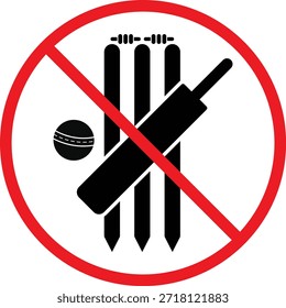 no Cricket Ball Stumpf Bails Symbol. Cricket-Schläger und Ball Verbotszeichen. Kein Sport spielt Grafikdesign. Spielbeschränkung und Sicherheitszeichen
