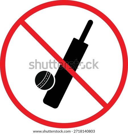 no Cricket bat ball stump bails icon. Cricket bat and ball prohibition symbols. No sports play graphic design. Game restriction and safety signs
