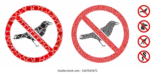 No crow composition of inequal pieces in various sizes and color tones, based on no crow icon. Vector tuberous elements are grouped into composition. No crow icons collage with dotted pattern.
