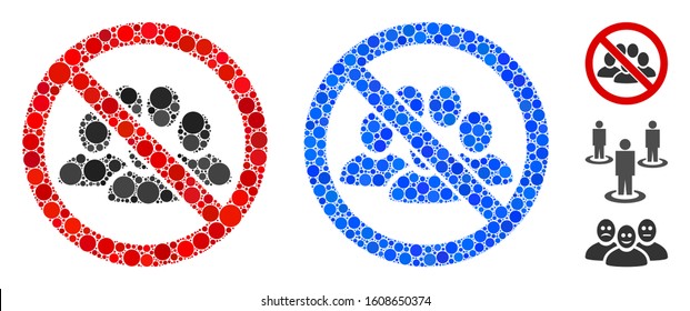 No crowd composition of round dots in variable sizes and color tints, based on no crowd icon. Vector round dots are combined into blue composition. Dotted no crowd icon in usual and blue versions.
