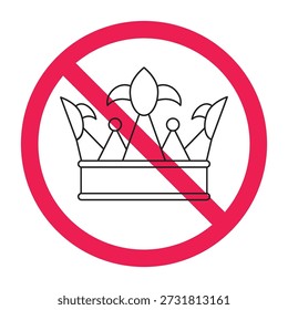 No hay signo de la corona, no use el símbolo de la corona, signo prohibido con el ícono de la corona, símbolo prohibido de la corona, Ilustración vectorial
