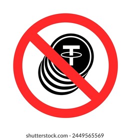 No crypto currency pay sign symbol icon isolated on white background. Prohibition virtual internet money. Forbidden Teather round red symbol sticker.