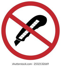 No cutter or no sharp symbol prohibiton sign. Work paper cutter knife silhouette. Vector illustration