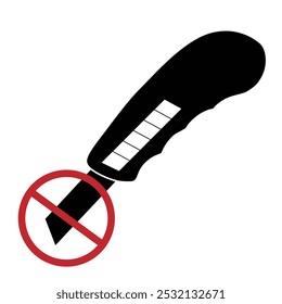 No cutter or no sharp symbol prohibiton sign. Work paper cutter knife silhouette. Vector illustration