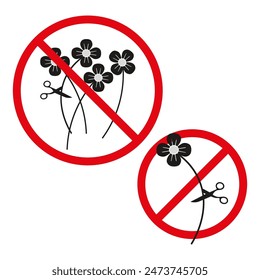 No cutting flowers vector. Prohibited sign icons. Red circle with slash. Simple graphic design.